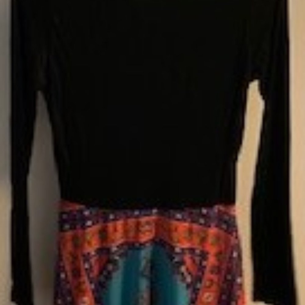 Desigual Black Long-Sleeve Midi Dress with Teal and Red Geometric Print - Picture 4 of 6